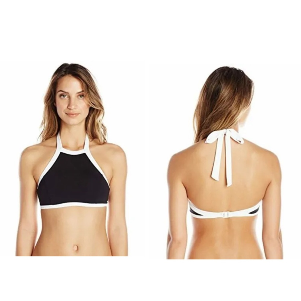 NWT SEAFOLLY ANTHROPOLOGIE *BLOCK PARTY* BLACK WHITE HALTER BIKINI TOP US 4